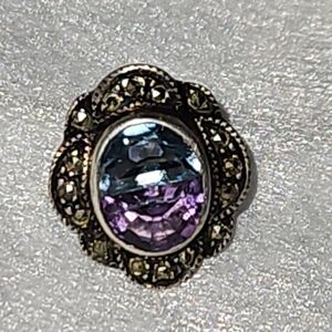 Antique SINGLE Blue Topaz, Amethyst & Marcasite Earring